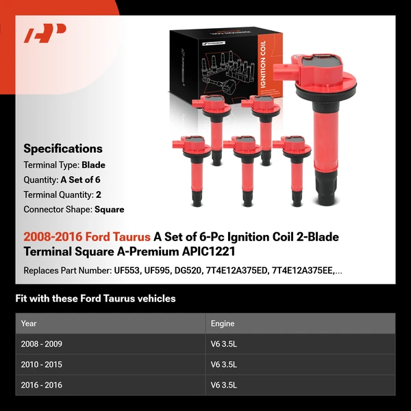 2008-2016 Ford Taurus A Set of 6-Pc Ignition Coil 2-Blade Terminal Square A-Premium APIC1221