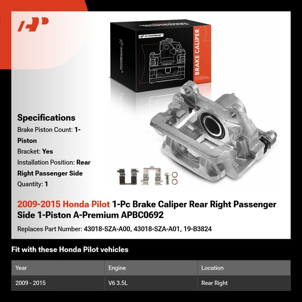 2009-2015 Honda Pilot 1-Pc Brake Caliper Rear Right Passenger Side 1-Piston A-Premium APBC0692