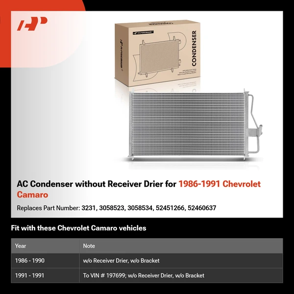 AC Condenser without Receiver Drier for 1986-1991 Chevrolet Camaro