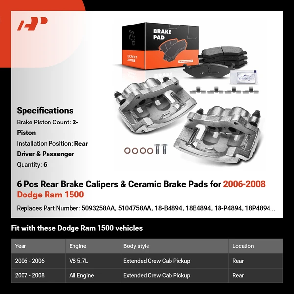 6 Pcs Rear Brake Calipers & Ceramic Brake Pads for 2006-2008 Dodge Ram 1500