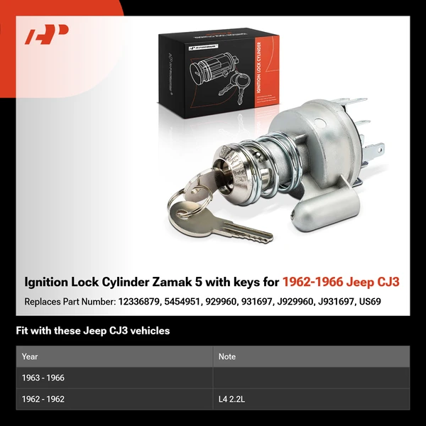 Ignition Lock Cylinder Zamak 5 with keys for 1962-1966 Jeep CJ3