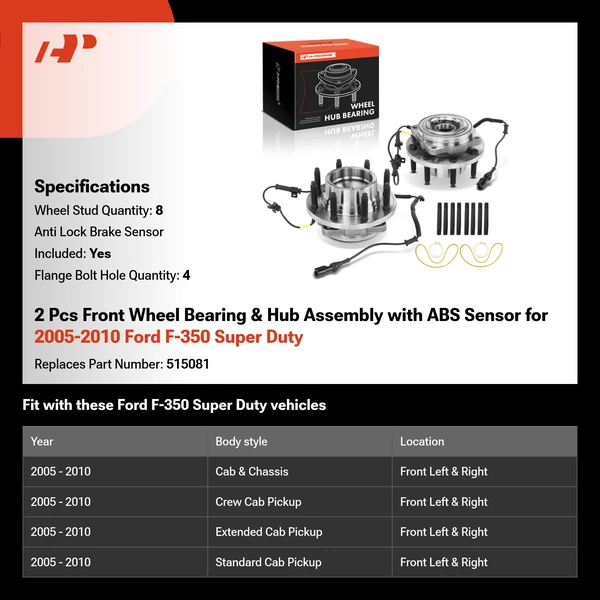 2 Pcs Front Wheel Bearing & Hub Assembly with ABS Sensor for 2005-2010 Ford F-350 Super Duty