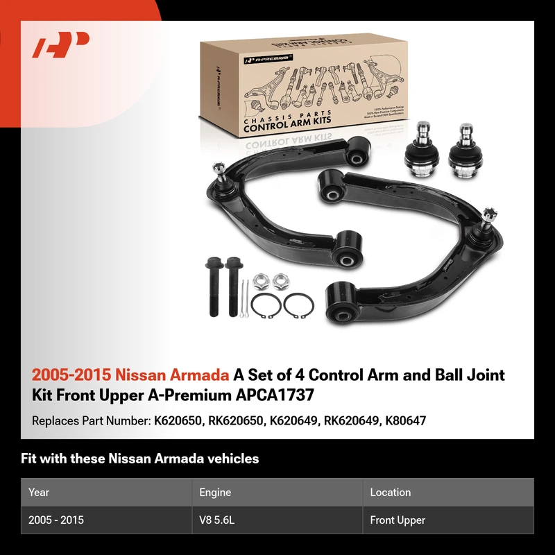 2005-2015 Nissan Armada A Set of 4 Control Arm and Ball Joint Kit Front Upper A-Premium APCA1737
