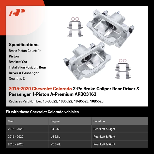 2015-2020 Chevrolet Colorado 2-Pc Brake Caliper Rear Driver & Passenger 1-Piston A-Premium APBC3163