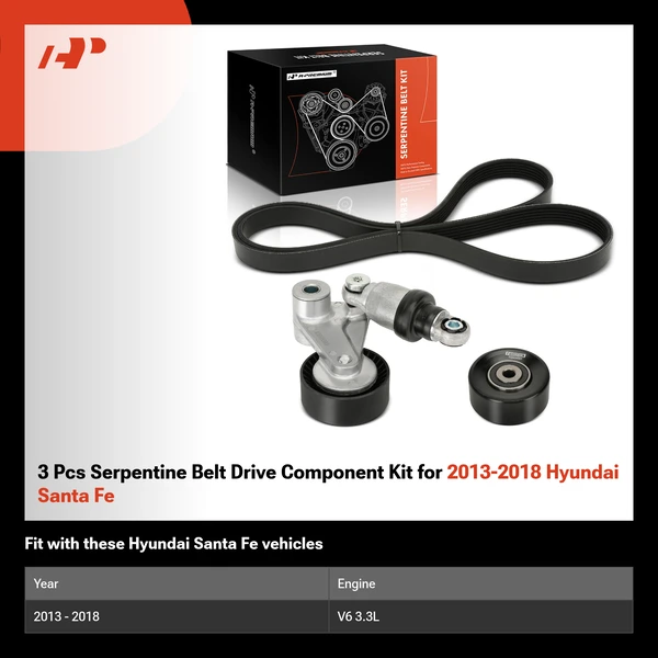 3 Pcs Serpentine Belt Drive Component Kit for 2013-2018 Hyundai Santa Fe
