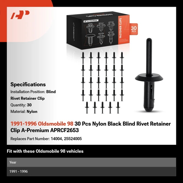 1991-1996 Oldsmobile 98 30 Pcs Nylon Black Blind Rivet Retainer Clip A-Premium APRCF2653