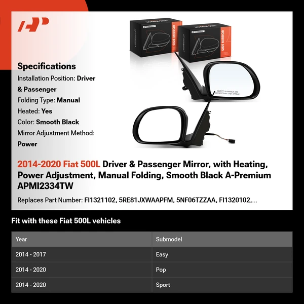 2014-2020 Fiat 500L Driver & Passenger Mirror, with Heating, Power Adjustment, Manual Folding, Smooth Black A-Premium APMI2334TW