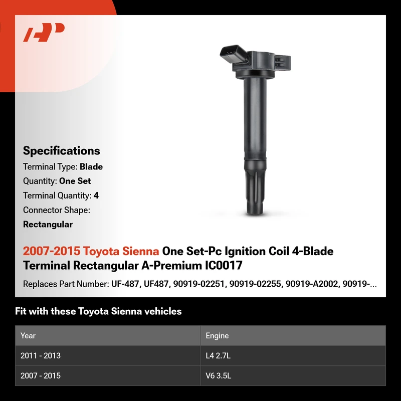 2007-2015 Toyota Sienna One Set-Pc Ignition Coil 4-Blade Terminal Rectangular A-Premium IC0017