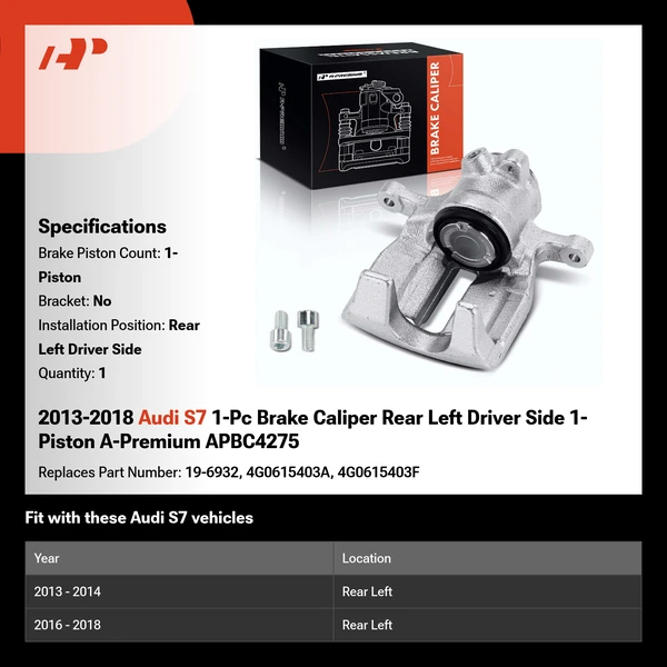 2013-2018 Audi S7 1-Pc Brake Caliper Rear Left Driver Side 1-Piston A-Premium APBC4275