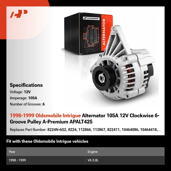 1998-1999 Oldsmobile Intrigue Alternator 105A 12V Clockwise 6-Groove Pulley A-Premium APALT425