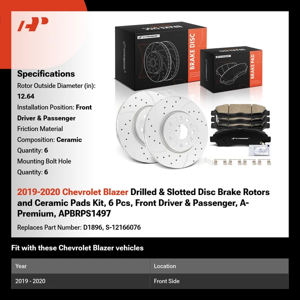 2019-2020 Chevrolet Blazer Drilled & Slotted Disc Brake Rotors and Ceramic Pads Kit, 6 Pcs, Front Driver & Passenger, A-Premium, APBRPS1497