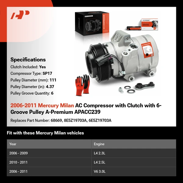 2006-2011 Mercury Milan AC Compressor with Clutch with 6-Groove Pulley A-Premium APACC239