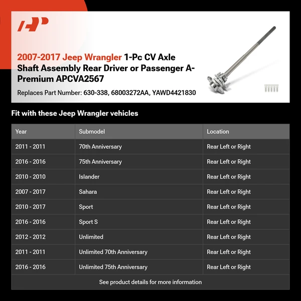 2007-2017 Jeep Wrangler 1-Pc CV Axle Shaft Assembly Rear Driver or Passenger A-Premium APCVA2567