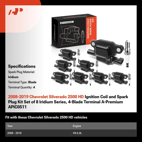 2008-2019 Chevrolet Silverado 2500 HD Ignition Coil and Spark Plug Kit Set of 8 Iridium Series, 4-Blade Terminal A-Premium APIC0511