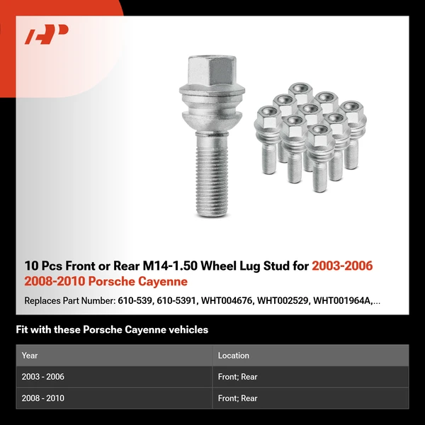 10 Pcs Front or Rear M14-1.50 Wheel Lug Stud for 2003-2006 2008-2010 Porsche Cayenne