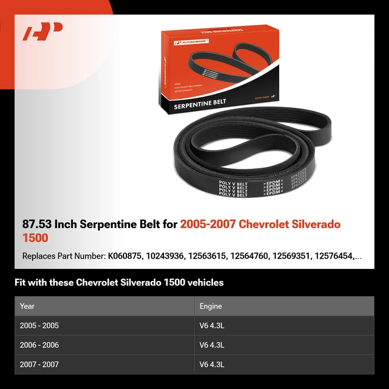 87.53 Inch Serpentine Belt for 2005-2007 Chevrolet Silverado 1500