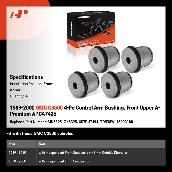 1989-2000 GMC C3500 4-Pc Control Arm Bushing, Front Upper A-Premium APCA7435