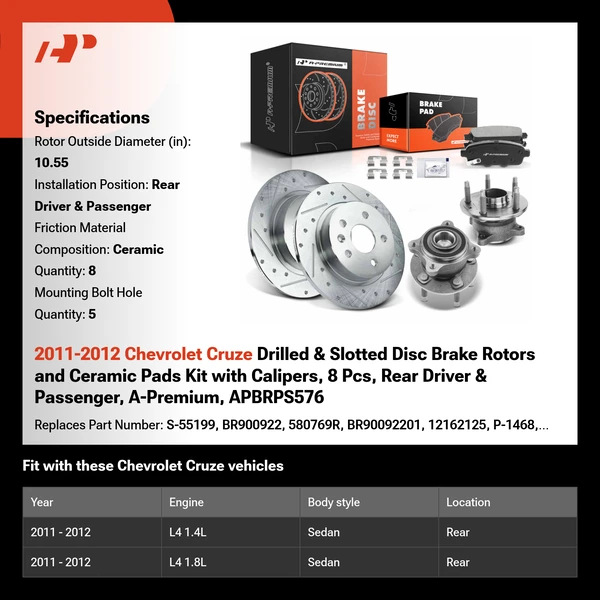 2011-2012 Chevrolet Cruze Drilled & Slotted Disc Brake Rotors and Ceramic Pads Kit with Calipers, 8 Pcs, Rear Driver & Passenger, A-Premium, APBRPS576