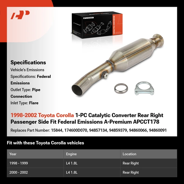 1998-2002 Toyota Corolla 1-PC Catalytic Converter Rear Right Passenger Side Fit Federal Emissions A-Premium APCCT178