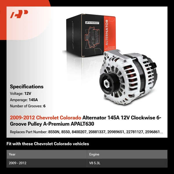 2009-2012 Chevrolet Colorado Alternator 145A 12V Clockwise 6-Groove Pulley A-Premium APALT630