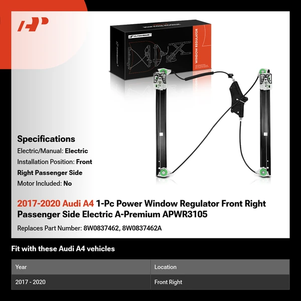 2017-2020 Audi A4 1-Pc Power Window Regulator Front Right Passenger Side Electric A-Premium APWR3105