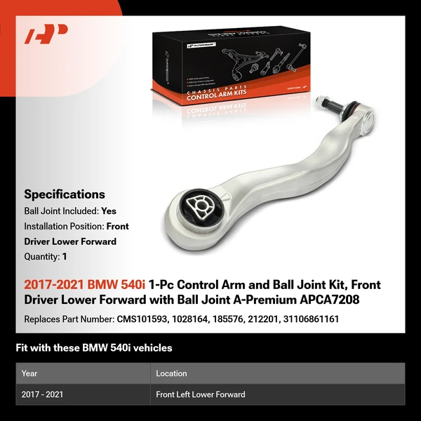 2017-2021 BMW 540i 1-Pc Control Arm and Ball Joint Kit, Front Driver Lower Forward with Ball Joint A-Premium APCA7208