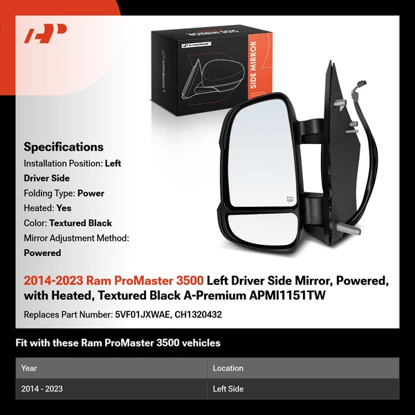 2014-2023 Ram ProMaster 3500 Left Driver Side Mirror, Powered, with Heated, Textured Black A-Premium APMI1151TW