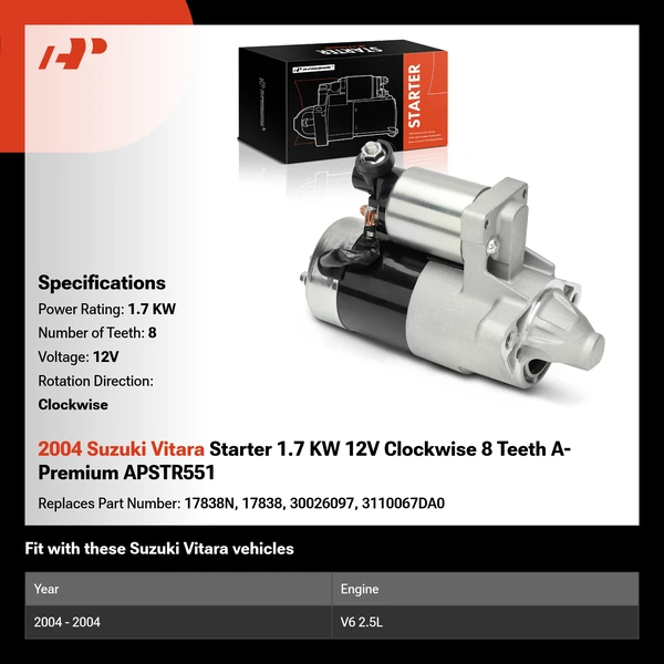 2004 Suzuki Vitara Starter 1.7 KW 12V Clockwise 8 Teeth A-Premium APSTR551