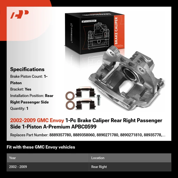2002-2009 GMC Envoy 1-Pc Brake Caliper Rear Right Passenger Side 1-Piston A-Premium APBC0599