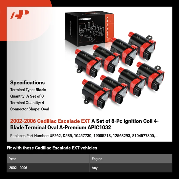 2002-2006 Cadillac Escalade EXT A Set of 8-Pc Ignition Coil 4-Blade Terminal Oval A-Premium APIC1032