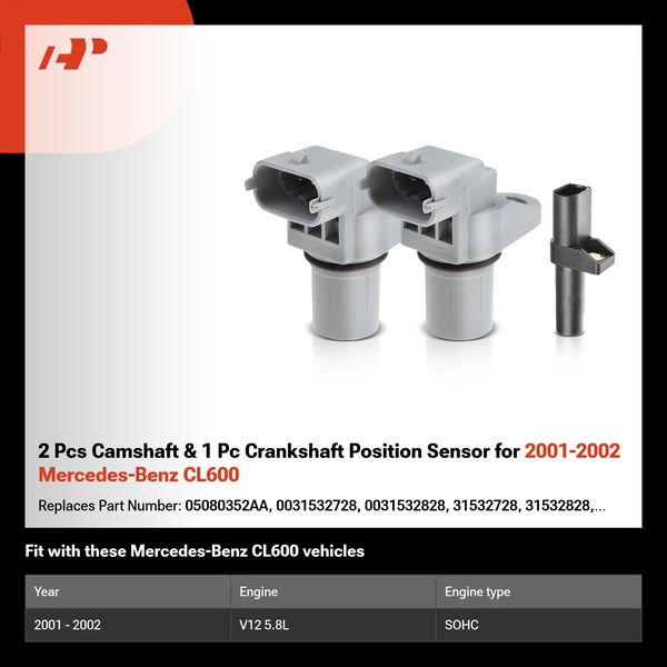 2 Pcs Camshaft & 1 Pc Crankshaft Position Sensor for 2001-2002 Mercedes-Benz CL600