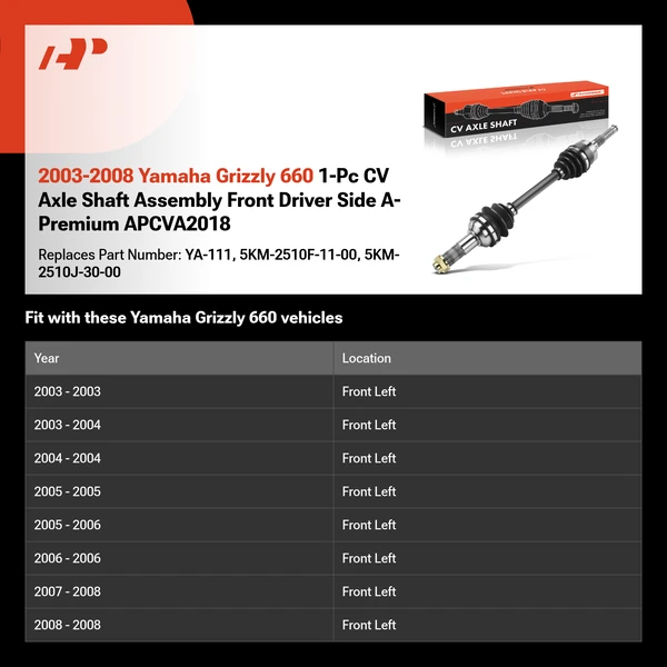 2003-2008 Yamaha Grizzly 660 1-Pc CV Axle Shaft Assembly Front Driver Side A-Premium APCVA2018