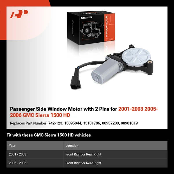 Passenger Side Window Motor with 2 Pins for 2001-2003 2005-2006 GMC Sierra 1500 HD