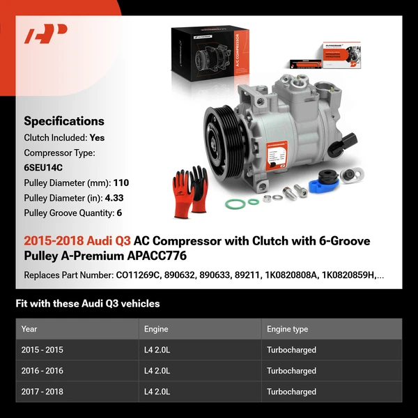 2015-2018 Audi Q3 AC Compressor with Clutch with 6-Groove Pulley A-Premium APACC776