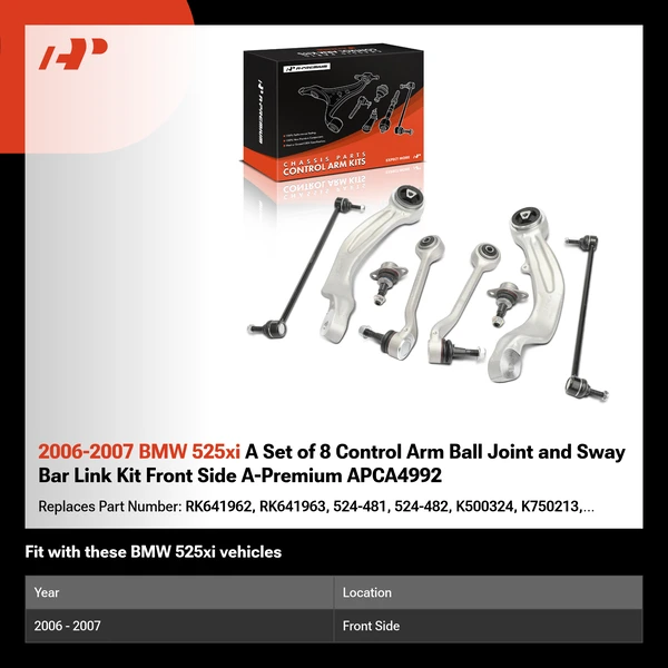 2006-2007 BMW 525xi A Set of 8 Control Arm Ball Joint and Sway Bar Link Kit Front Side A-Premium APCA4992
