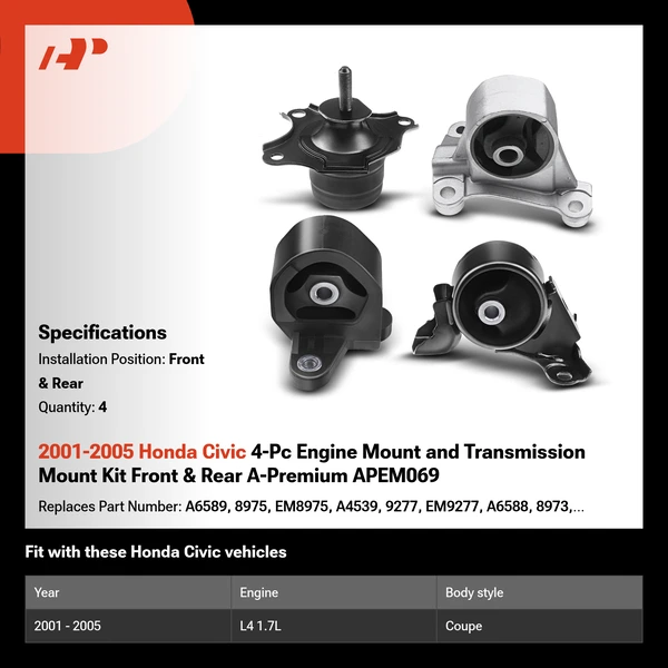 2001-2005 Honda Civic 4-Pc Engine Mount and Transmission Mount Kit Front & Rear A-Premium APEM069