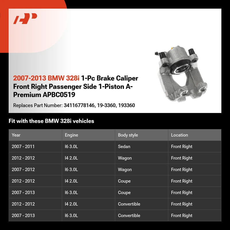 2007-2013 BMW 328i 1-Pc Brake Caliper Front Right Passenger Side 1-Piston A-Premium APBC0519