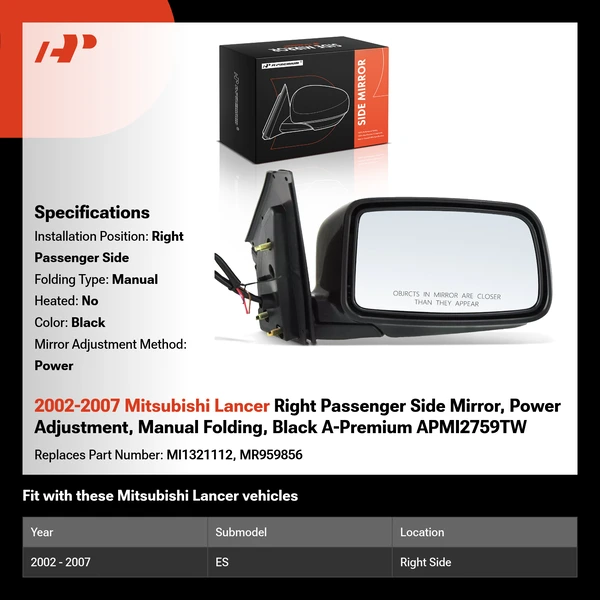 2002-2007 Mitsubishi Lancer Right Passenger Side Mirror, Power Adjustment, Manual Folding, Black A-Premium APMI2759TW