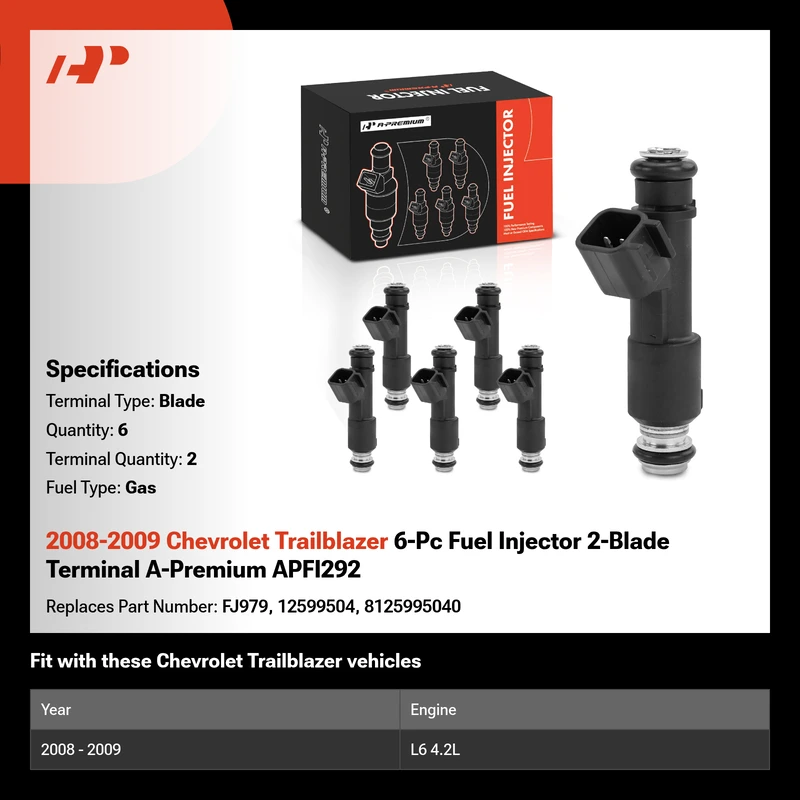 2008-2009 Chevrolet Trailblazer 6-Pc Fuel Injector 2-Blade Terminal A-Premium APFI292