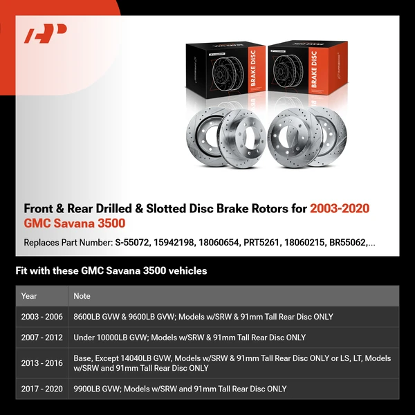 Front & Rear Drilled & Slotted Disc Brake Rotors for 2003-2020 GMC Savana 3500