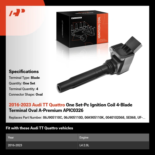 2016-2023 Audi TT Quattro One Set-Pc Ignition Coil 4-Blade Terminal Oval A-Premium APIC0326