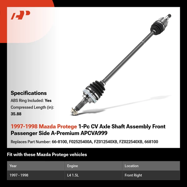 1997-1998 Mazda Protege 1-Pc CV Axle Shaft Assembly Front Passenger Side A-Premium APCVA999