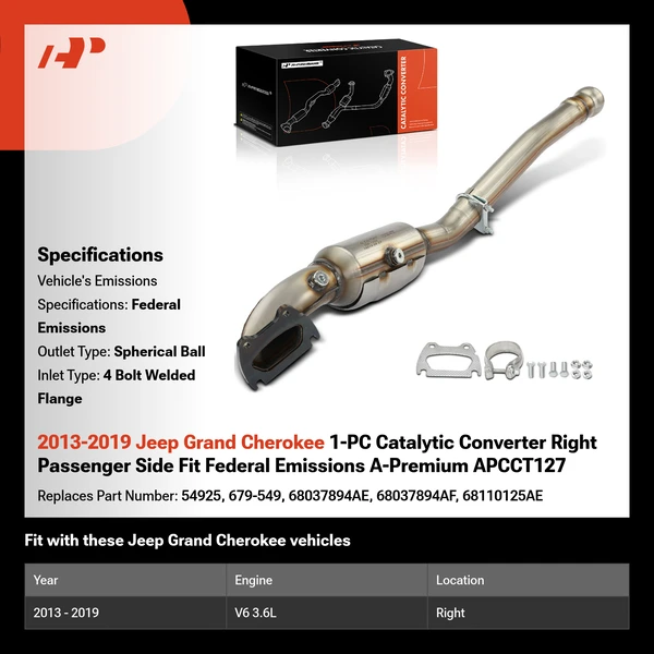 2013-2019 Jeep Grand Cherokee 1-PC Catalytic Converter Right Passenger Side Fit Federal Emissions A-Premium APCCT127