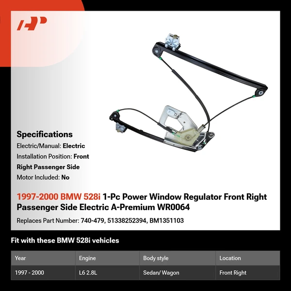 1997-2000 BMW 528i 1-Pc Power Window Regulator Front Right Passenger Side Electric A-Premium WR0064