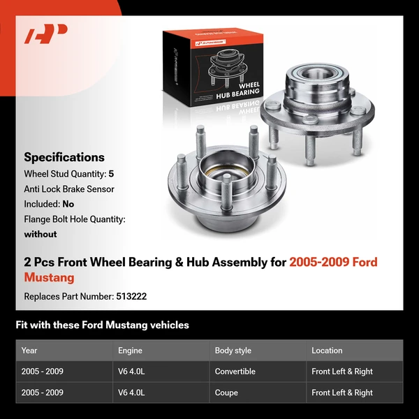 2 Pcs Front Wheel Bearing & Hub Assembly for 2005-2009 Ford Mustang