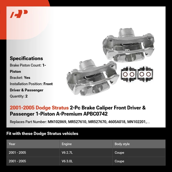 2001-2005 Dodge Stratus 2-Pc Brake Caliper Front Driver & Passenger 1-Piston A-Premium APBC0742