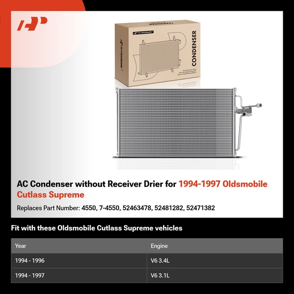 AC Condenser without Receiver Drier for 1994-1997 Oldsmobile Cutlass Supreme