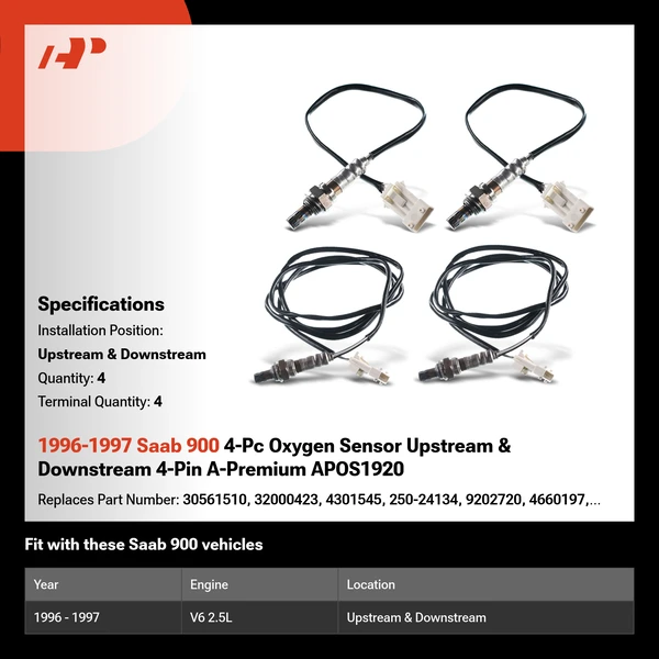 1996-1997 Saab 900 4-Pc Oxygen Sensor Upstream & Downstream 4-Pin A-Premium APOS1920