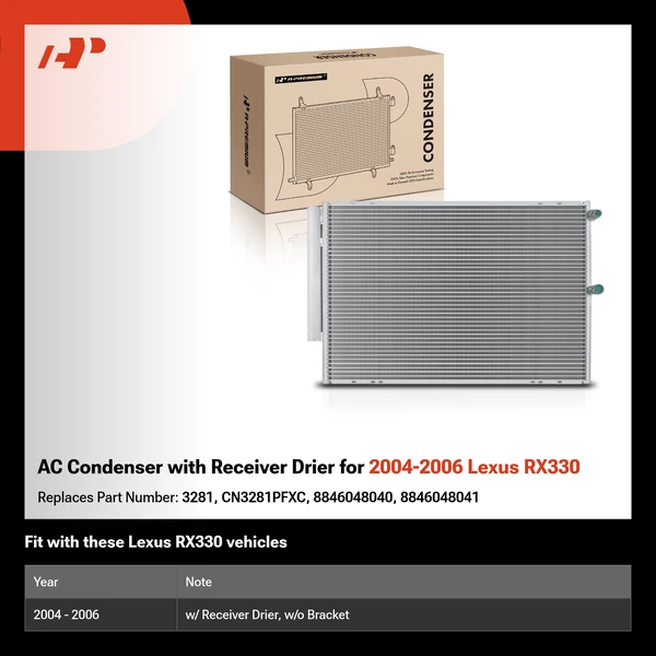 AC Condenser with Receiver Drier for 2004-2006 Lexus RX330