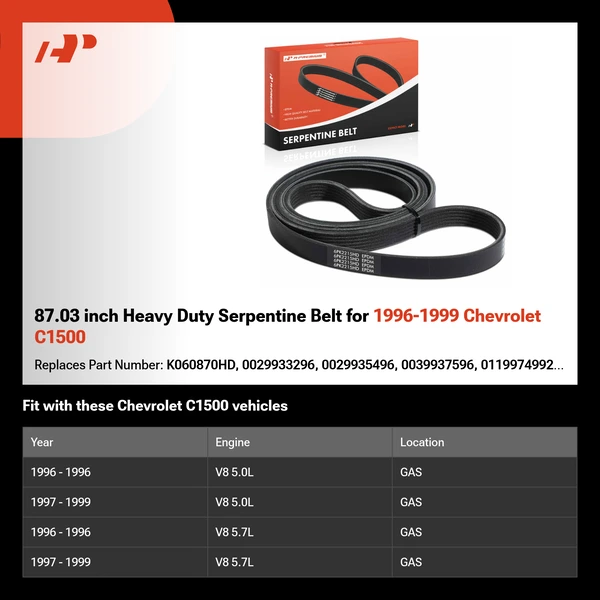 87.03 inch Heavy Duty Serpentine Belt for 1996-1999 Chevrolet C1500